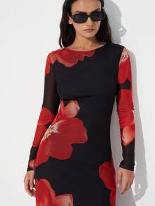 Aveloria Modichic New Arrival Fitted Sexy Elegant Lady-Like Round Neck Floral Print Elastic Mesh Long Sleeve Dress - Multicolor - View 5
