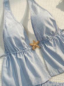 Sunnyshic 蓝白条纹棉质深V开衫、系带吊带背心和直筒抽绳口袋裤套装，女士春夏度假沙滩极简休闲装 - 藍白色 - 查看 4
