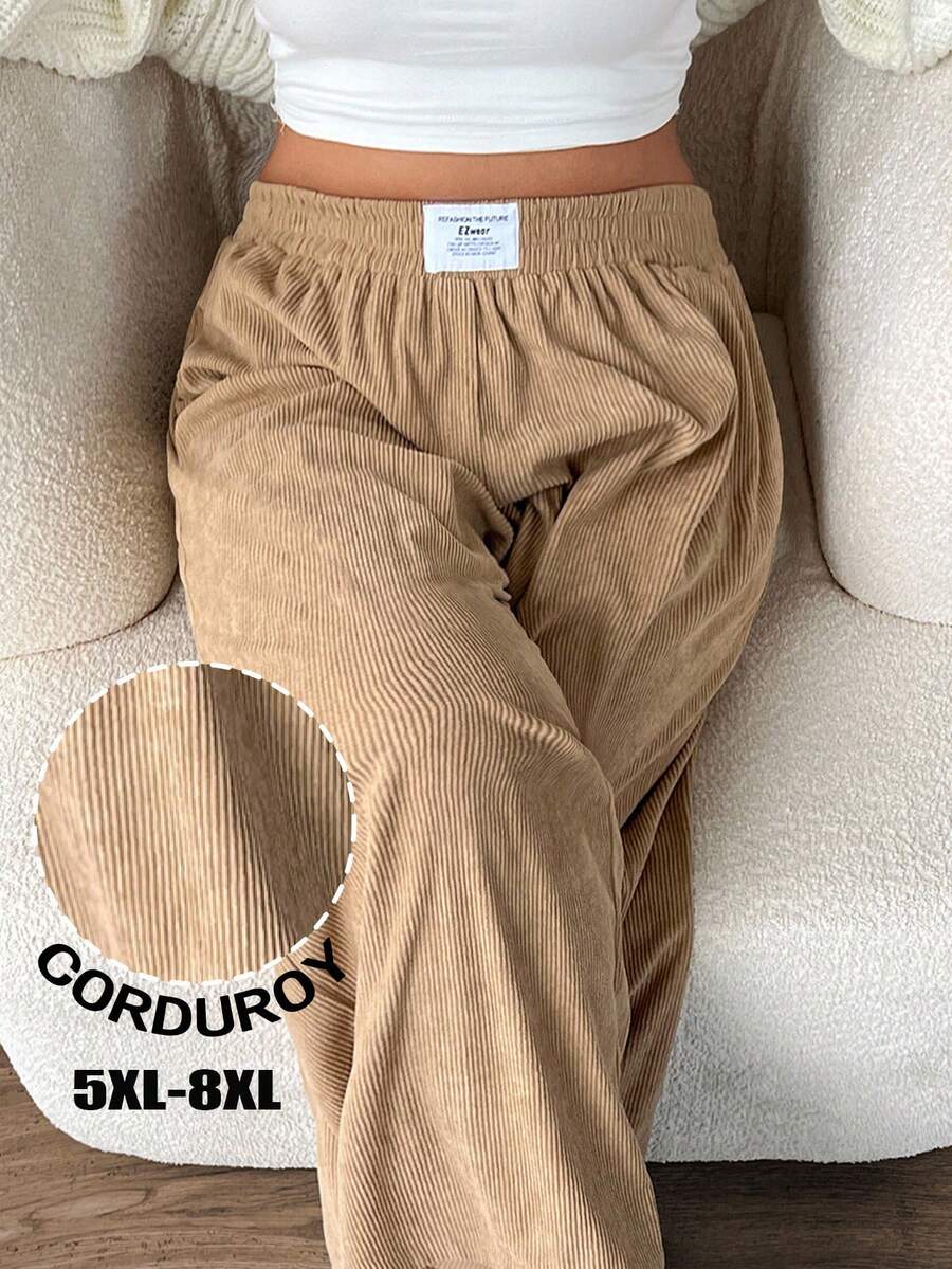 SHEIN CURVE+ 大码女式高腰宽松灯芯绒裤,带口袋和贴布设计,适合校园、日常穿着、室内工作、秋冬季节穿着。 - 卡其色 - 查看 1