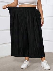 SHEIN CURVE+ Quần ống rộng màu hồng dành cho nữ cỡ lớn, thời trang xuân hè, thoải mái, thoáng mát, cơ bản, đa năng, chất liệu vải mềm mại, cạp chun, kiểu dáng đơn giản, thích hợp mặc hàng ngày, cạp chun, dáng lửng, phong cách châu Âu, mùa hè, quần Capri, quần đi nghỉ mát/2026/Năm mới - màu đen - Xem 5