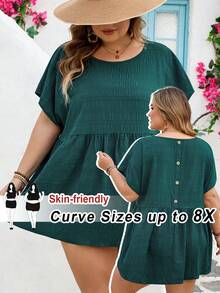 SHEIN CURVE+ Curve 尺码 US22 音乐节、海滨度假、波西米亚风夏季休闲纯色纹理蝙蝠袖衬衫 - 綠色 - 查看 1