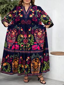 SHEIN CURVE+ Curve 尺码 US22 音乐节、海滨度假、波西米亚风女士休闲宽松印花度假连衣裙 花园连衣裙 花朵连衣裙 女士加大码波西米亚风连衣裙 野花连衣裙 - 彩色 - 查看 2