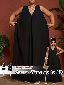 SHEIN CURVE+ 大码夏季休闲纯色吊带连体裤 - 黑色 - 查看 5