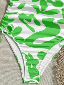 Vivid Eden Women's One-Piece Swimsuit With All-Over Print, Twist Design And Ruffle, Suitable For Beach Vacation, Pool Party, Beach Party - Green - View 5