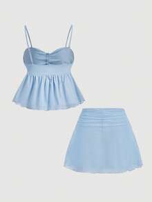 SHEIN MOD Conjunto de Top Camisole Amarelo e Mini Saia para Mulheres, Top Cropped de Verão, Roupa de Festival de Música, Top Sem Costas, Conjunto Fofo de Verão, Top Babydoll para Mulheres, Conjuntos Amarelo para Mulheres, Conjuntos de Duas Peças de Verão, Amarelo Manteiga - Azul - Visão 2