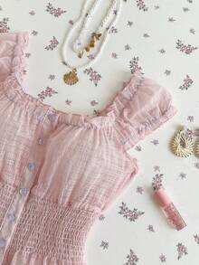 Elamini Women's Sweet Light Pink Sheer Grid Transparent Button Shirt - Baby Pink - View 6