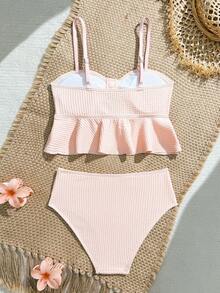 SHEIN Girls' Bikini 2 Pieces Swimsuit, Pink Elastic Fabric, Beach Vacation - Baby Pink - View 2