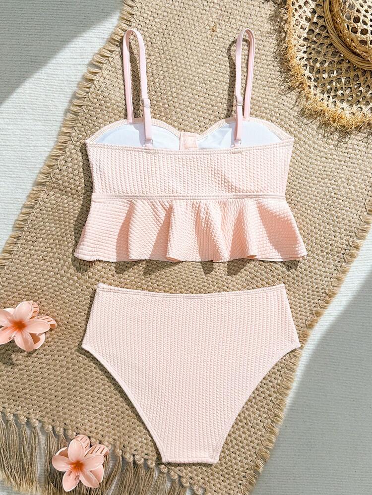 SHEIN 女童比基尼两件套泳衣，粉色弹力面料，沙滩度假 - 淺粉色 - 查看 2