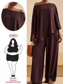 SHEIN CURVE+ Curve 尺码 US22 音乐节、海滨度假、波西米亚风女装两件套：纯色不对称肩部上衣和宽松长裤 - 棕色 - 查看 1