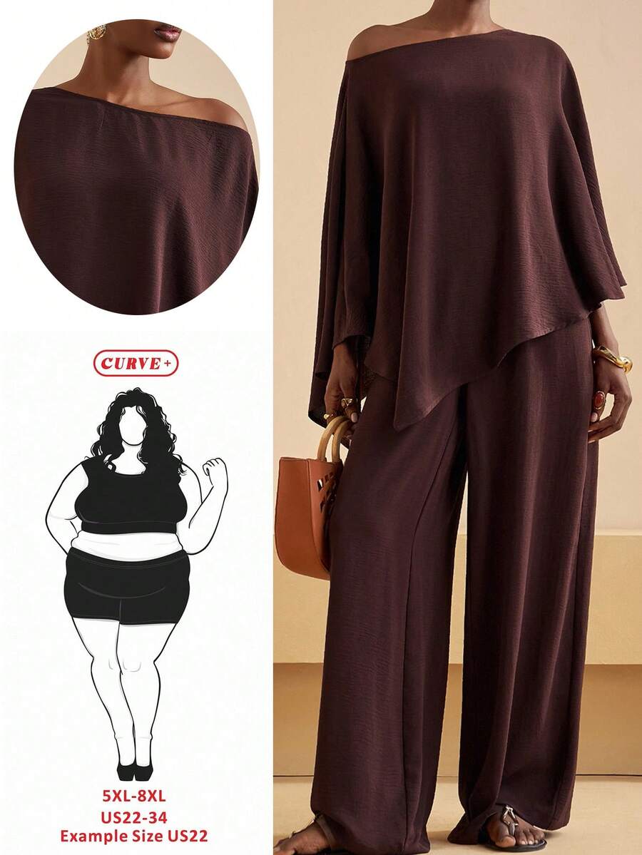 SHEIN CURVE+ Curve 尺码 US22 音乐节、海滨度假、波西米亚风女装两件套：纯色不对称肩部上衣和宽松长裤 - 棕色 - 查看 1