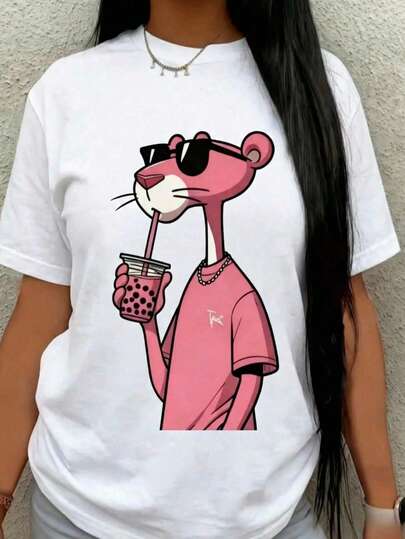 Mujer camiseta casual con estampado de personaje animado, diseño suave y holgado, cuello redondo, manga corta, primavera‑verano, uso diario, playera,Pantera Rosa, chic