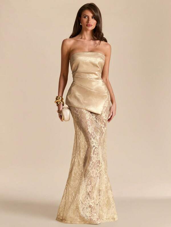 SHEIN BAE Rochie aurie solidă cu tiv asimetric, sexy, din dantelă transparentă, rochie elegantă, rochie mini de petrecere, rochie aurie, rochie de vară