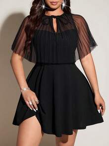 Viva Relle Black Sexy Dress, Pleated Sheer Mesh Patchwork Waist Cinched Dress, Suitable For Dates, New Year, Halloween, Plus Size - Black - View 2