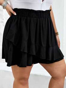 SHEIN CURVE+ Quần short nữ dáng suông, màu trơn, viền bèo nhún, size US22, thích hợp cho lễ hội âm nhạc, kỳ nghỉ bên bờ biển. - màu đen - Xem 7