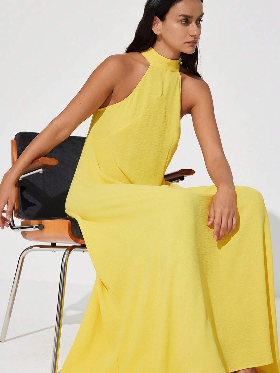 Aveloria Modichic Yellow Halter Neck Vacation Dress, Halter Design Looks Lively, Suitable For Beach Vacation, Summer Picnic, Sleeveless Loose Dress For Women - Yellow - View 1