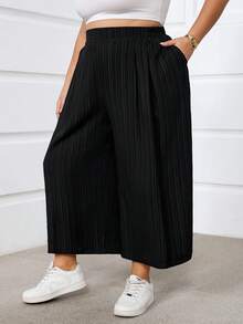 SHEIN CURVE+ Quần ống rộng màu hồng dành cho nữ cỡ lớn, thời trang xuân hè, thoải mái, thoáng mát, cơ bản, đa năng, chất liệu vải mềm mại, cạp chun, kiểu dáng đơn giản, thích hợp mặc hàng ngày, cạp chun, dáng lửng, phong cách châu Âu, mùa hè, quần Capri, quần đi nghỉ mát/2026/Năm mới - màu đen - Xem 4