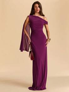 SHEIN BAE Asymmetric Ruched Asymmetrical Shoulder Bodycon Mermaid Dress In Eggplant Purple Rose, Mesh Dress For Vacation And Beach - Rose Red - View 5