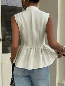 Siren Gaze 女士纯色立领金属纽扣装饰棉质腰部无袖衬衫，简约休闲上衣，办公穿着，教师衬衫，白领衬衫 - 杏色 - 查看 2