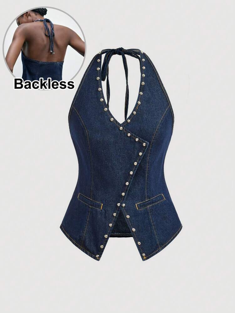 SHEIN Maija Women's Casual Sexy Fashion Rivet Decor Backless Tie-Front Denim Crop Top, Summer