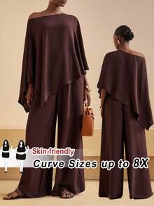 SHEIN CURVE+ Curve 尺码 US22 音乐节、海滨度假、波西米亚风女装两件套：纯色不对称肩部上衣和宽松长裤 - 棕色 - 查看 9