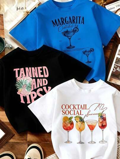 Set de 3 camisetas de manga corta holgadas retro para mujer - Color trigo embriagador suave, estilo tropical, artículo imprescindible para outfits diarios, elige 1 de 3