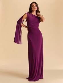 SHEIN BAE Asymmetric Ruched Asymmetrical Shoulder Bodycon Mermaid Dress In Eggplant Purple Rose, Mesh Dress For Vacation And Beach - Rose Red - View 3