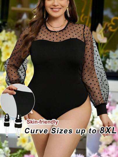 SHEIN CURVE+ Plus Size Women's Elegant Polka Dot Mesh Patchwork Lantern Sleeve Bodysuit, Suitable For Spring, Summer, Autumn