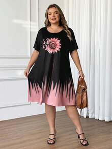 SHEIN CURVE+ 休闲蝴蝶向日葵图案圆领短袖露脐加大码连衣裙，适合夏季穿着 - 彩色 - 查看 4