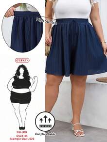 SHEIN CURVE+ Plus Size Curve US22Music Festival, Seaside Vacation, Bohemia Women Casual Plain Loose Shorts Navy Blue Summer Wide Leg Shorts,Holiday For - Blue - View 12