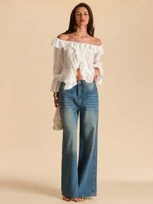 SHEIN BAE White Off-Shoulder Ruffle Trim Asymmetric Tie Cuff Blouse, Romantic Spring Shirt For Vacation, Valentine's Day, Sweet & Feminine, Commute, Princess, Birthday, Bridesmaid Mini Dress - White - View 7