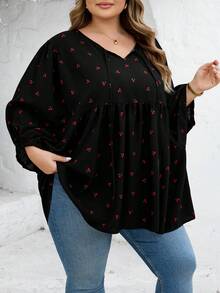 SHEIN CURVE+ Áo thun nữ cỡ US22, họa tiết hoa nhí, cổ dây rút, tay phồng, dáng rộng, thoải mái. - Nhiều màu - Xem 4
