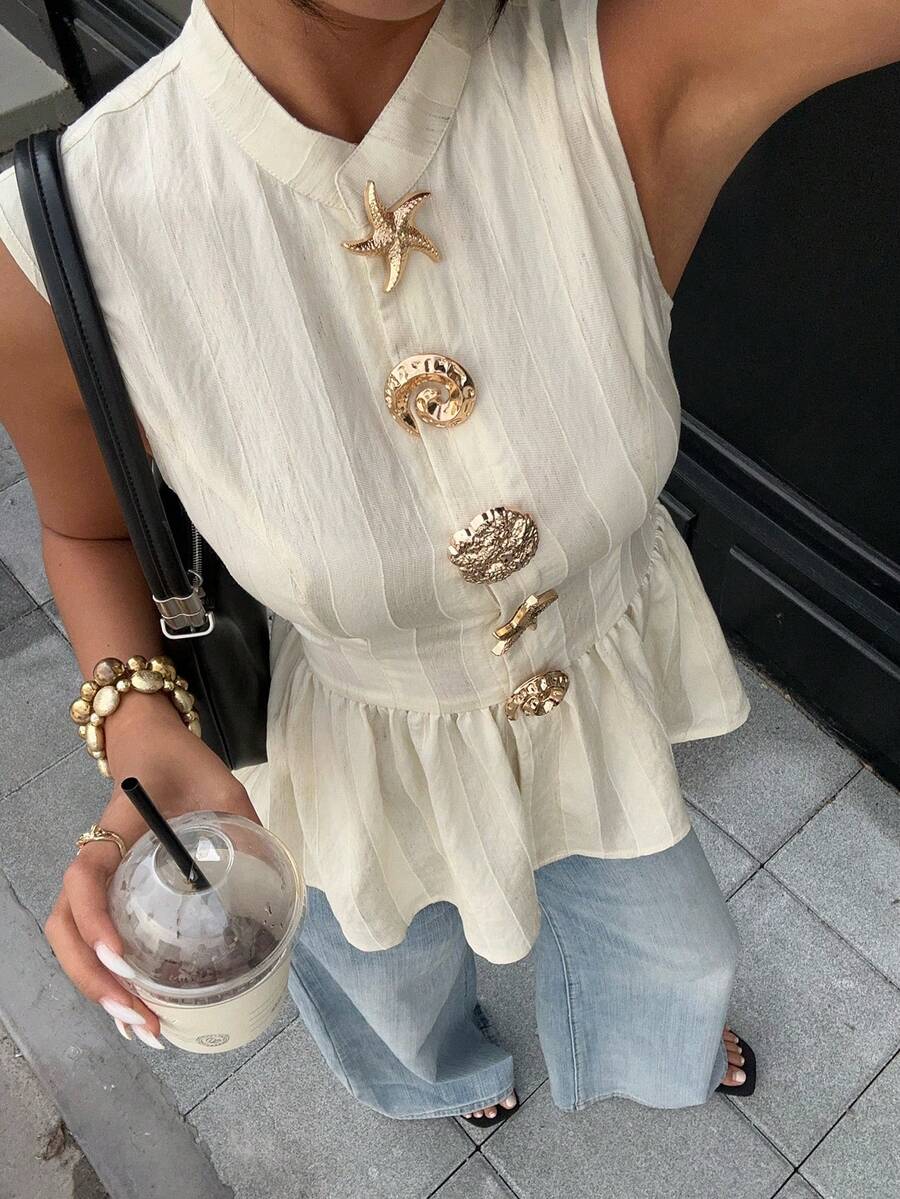 Siren Gaze 女士纯色立领金属纽扣装饰棉质腰部无袖衬衫，简约休闲上衣，办公穿着，教师衬衫，白领衬衫 - 杏色 - 查看 1