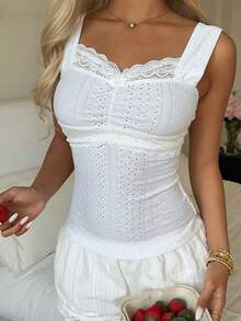 SHEIN EZwear 女士白色针织修身浪漫吊带背心 - 白色 - 查看 7