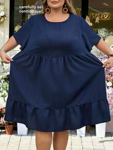 SHEIN CURVE+ Curve Size US22Music Festival, Seaside Vacation, Bohemia Vacation Casual Solid Color Short Sleeve Dress, Summer Outfits For Women, Easter Dress Women, Bohemia, Rave Outfits, Easter Outfit Curve, Country Concert Outfit, Summer Dresses - Navy Blue - View 3