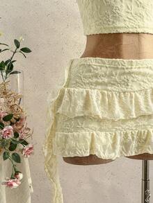 Soleia 女士夏季休闲纯色提花不对称领荷叶边下摆背心和半裙两件套 - 黃色 - 查看 5