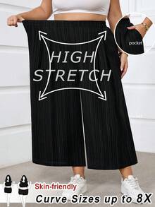 SHEIN CURVE+ Quần ống rộng màu hồng dành cho nữ cỡ lớn, thời trang xuân hè, thoải mái, thoáng mát, cơ bản, đa năng, chất liệu vải mềm mại, cạp chun, kiểu dáng đơn giản, thích hợp mặc hàng ngày, cạp chun, dáng lửng, phong cách châu Âu, mùa hè, quần Capri, quần đi nghỉ mát/2026/Năm mới - màu đen - Xem 9