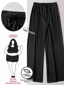 SHEIN CURVE+ 女士休闲亮面缎面低腰阔腿裤，适合简约休闲和通勤，春夏黑色长裤，曲线美，大码尺码 - 黑色 - 查看 10