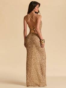 SHEIN BAE 女士纯色性感深V领露背上衣搭配优雅鱼尾裙，适合海滩度假、夏季婚礼宾客、波西米亚风优雅海滩正式晚礼服、度假派对礼服 - 咖啡棕 - 查看 1