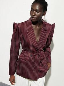Aveloria Modichic 新款酒红色收腰条纹修身西装外套，女士通勤时尚之选 - 彩色 - 查看 1