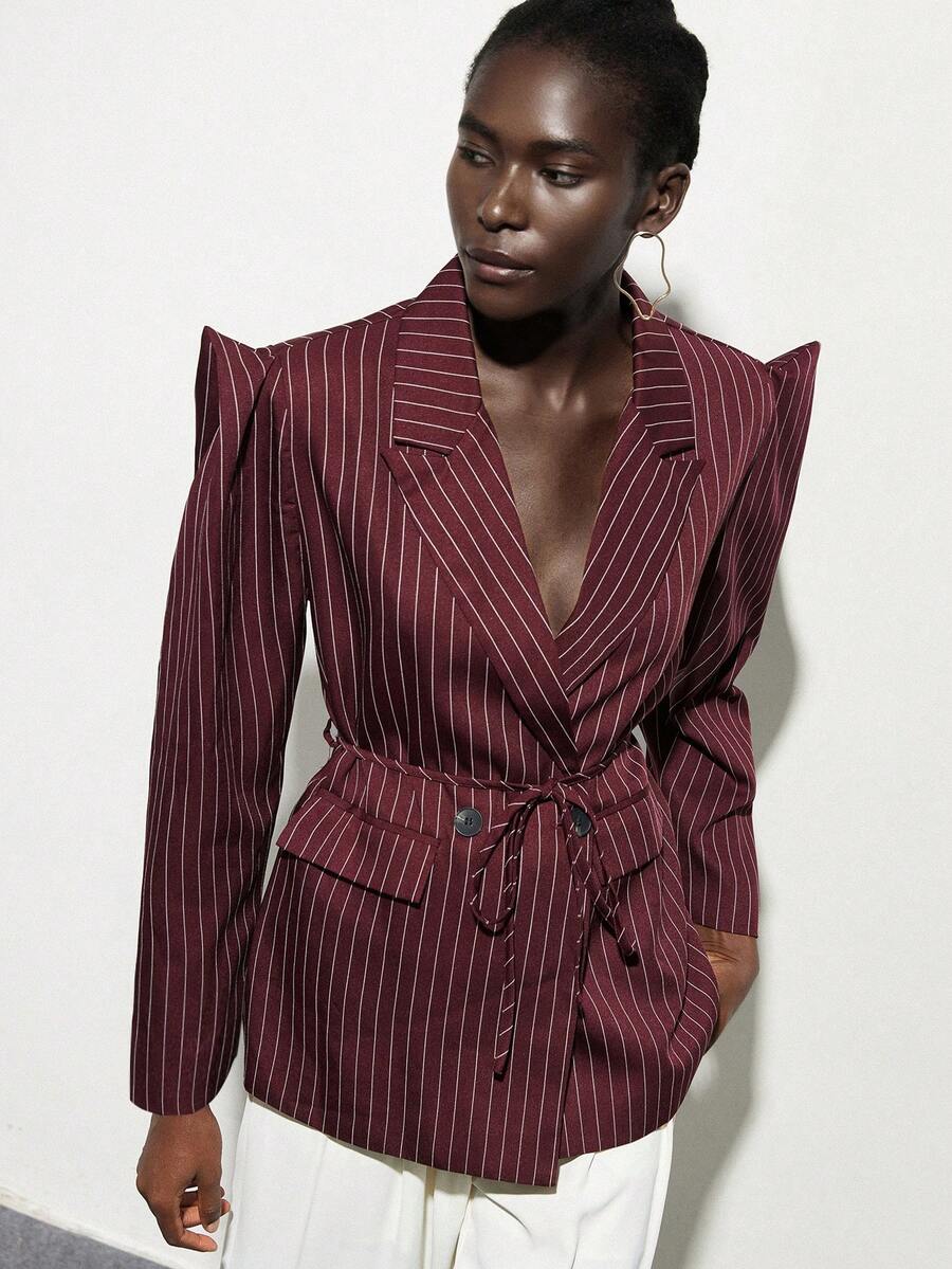 Aveloria Modichic 新款酒红色收腰条纹修身西装外套，女士通勤时尚之选 - 彩色 - 查看 1