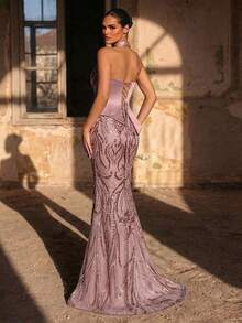 Glamrae Falda de sirena de satén fruncido con empalme de malla bordada con perlas elegante y lujosa, adecuada para boda, fiesta, vacaciones, baile, vestido de noche (bordado pesado) - Rosa - Ver 4