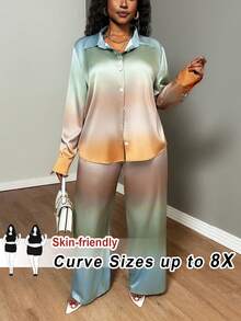 SHEIN CURVE+ Bộ áo sơ mi dài tay dáng rộng in họa tiết nhuộm tie-dye dành cho nữ cỡ lớn, có túi và cúc cài. - Nhiều màu - Xem 9