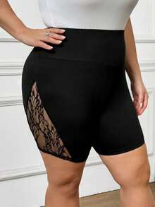 SHEIN CURVE+ Quần short ren phối màu cạp chun cho nữ cỡ lớn, trang phục mùa thu cho nữ, CURVE PLUS - màu đen - Xem 8