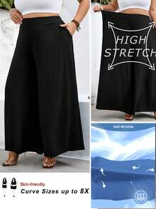 SHEIN CURVE+ Curve 尺码 US22 音乐节、海滨度假、波西米亚风女士高腰宽松纯黑色阔腿裤，带侧袋 - 黑色 - 查看 10
