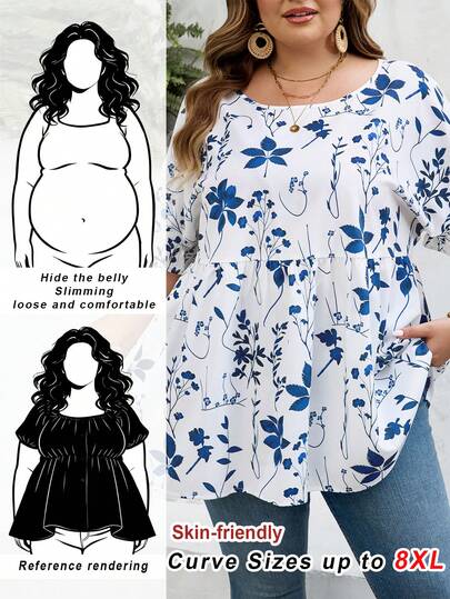 SHEIN CURVE+ Camisa de talla grande con estampado de flores de color block para festival de música, vacaciones en la playa, estilo bohemio para el verano