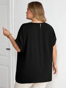 SHEIN CURVE+ 大码女式秋季纯色圆领蝙蝠袖休闲衬衫女式上衣黑色衬衫 - 黑色 - 查看 4