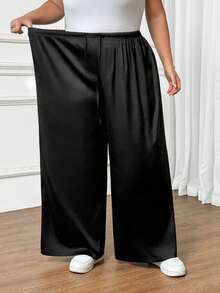 SHEIN CURVE+ 女士休闲亮面缎面低腰阔腿裤，适合简约休闲和通勤，春夏黑色长裤，曲线美，大码尺码 - 黑色 - 查看 11