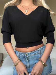SHEIN EZwear Women's Black V-Neck Cropped Minimalist Design Sweater - Black - View 1