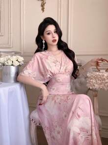 K-Vae Đầm hè mới thanh lịch, cổ chữ V, họa tiết hoa. - Hồng - Xem 4