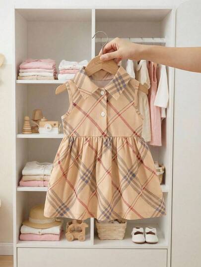 Souflis Souflis French New Style Baby Girls' Lightweight Plaid Khaki Polo Collar Sleeveless Cute Sweet Casual Dress, Suitable For Shopping And Outdoor Play In Summer